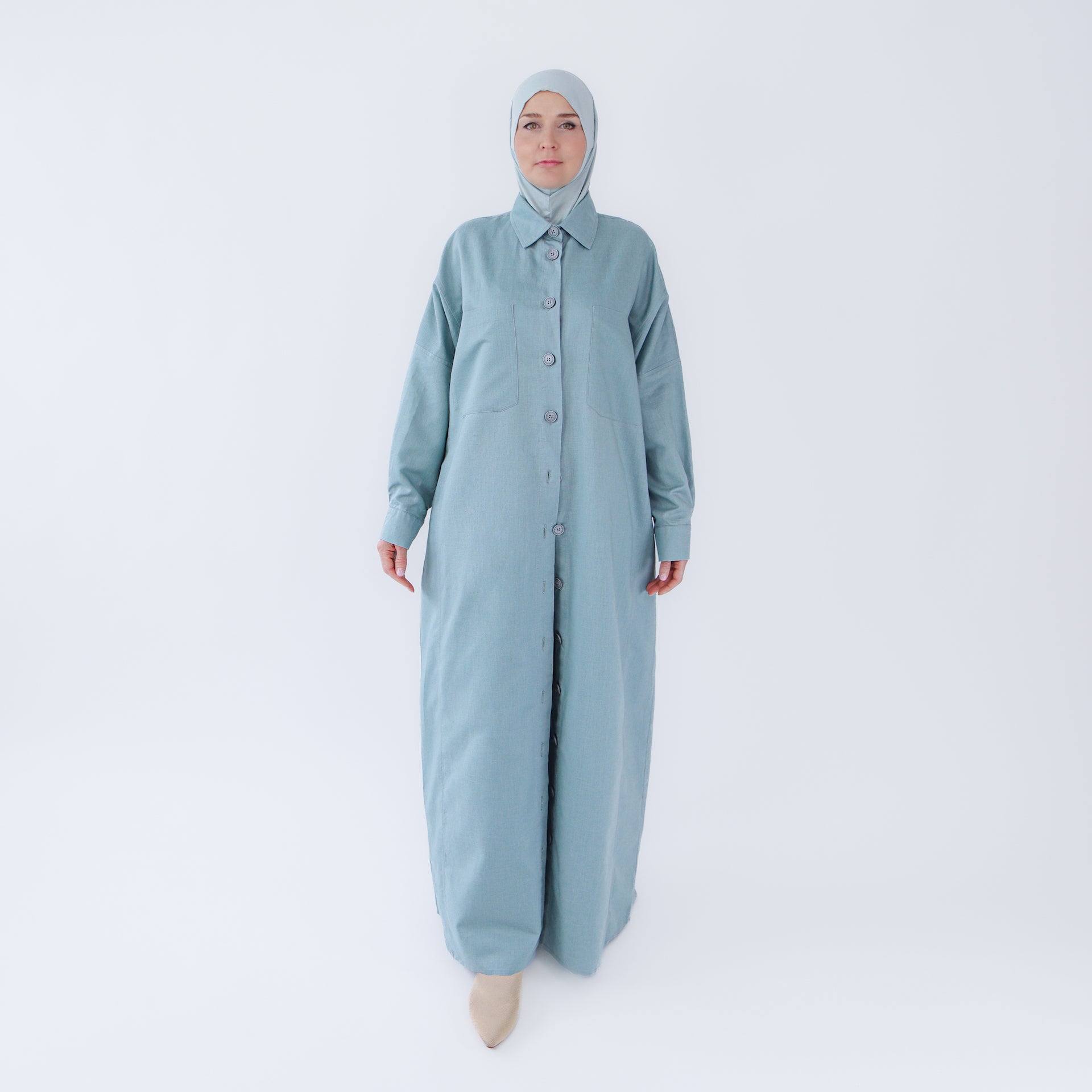Abaya dress style maxi dress for women with wide trousers "Blue Linen" 2