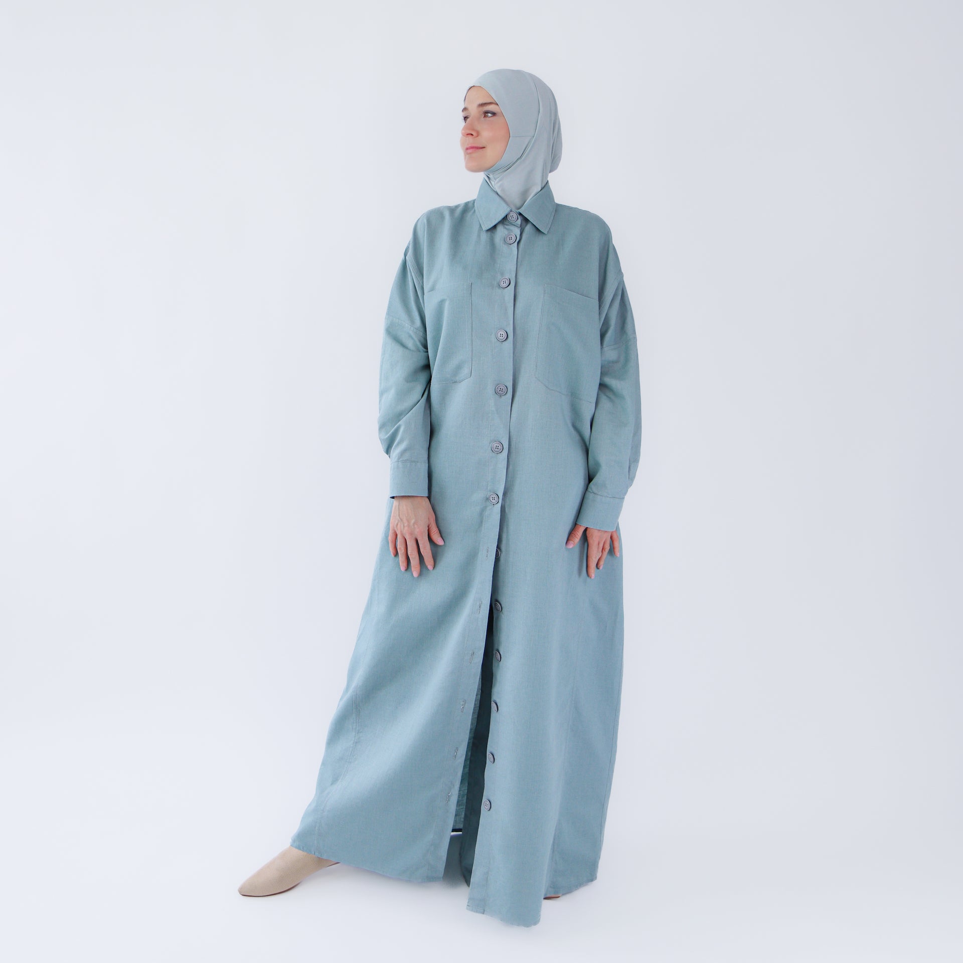 Abaya dress style maxi dress for women with wide trousers "Blue Linen"