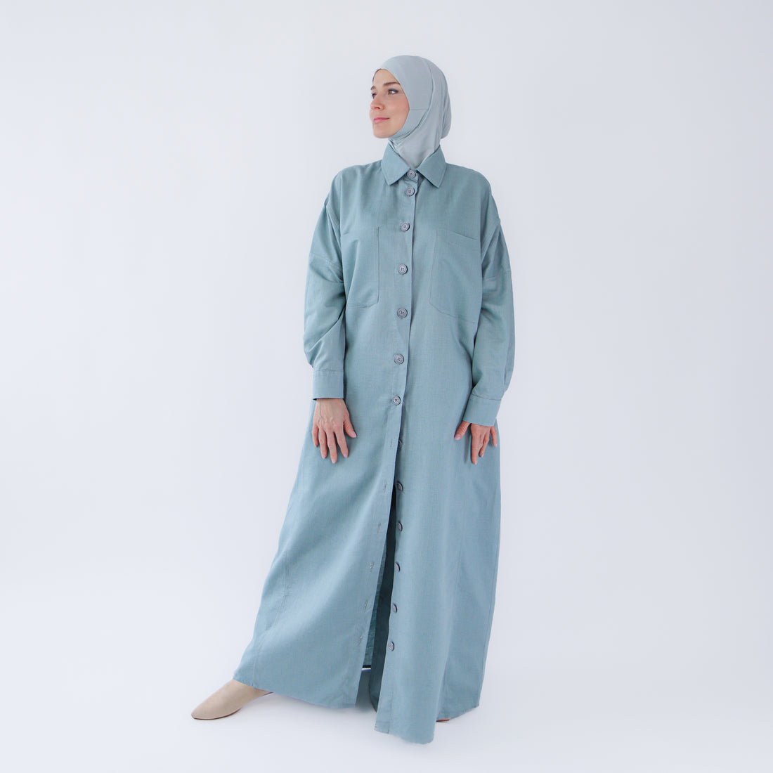Abaya dress style maxi dress for women with wide trousers "Blue Linen"