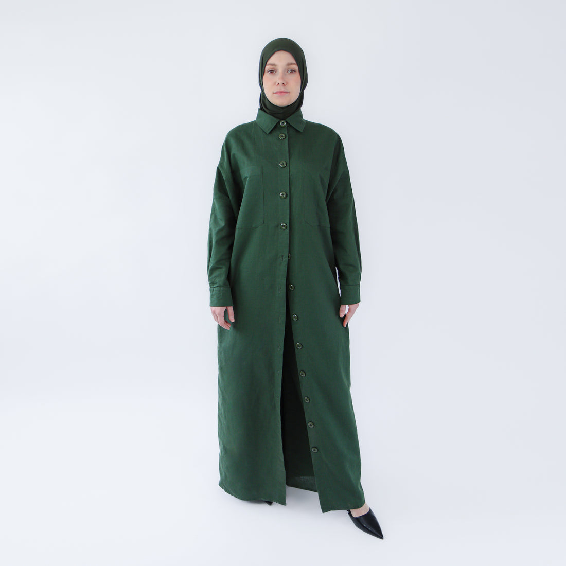 Abaya dress style maxi dress for women with wide trousers "Khaki Linen" 1