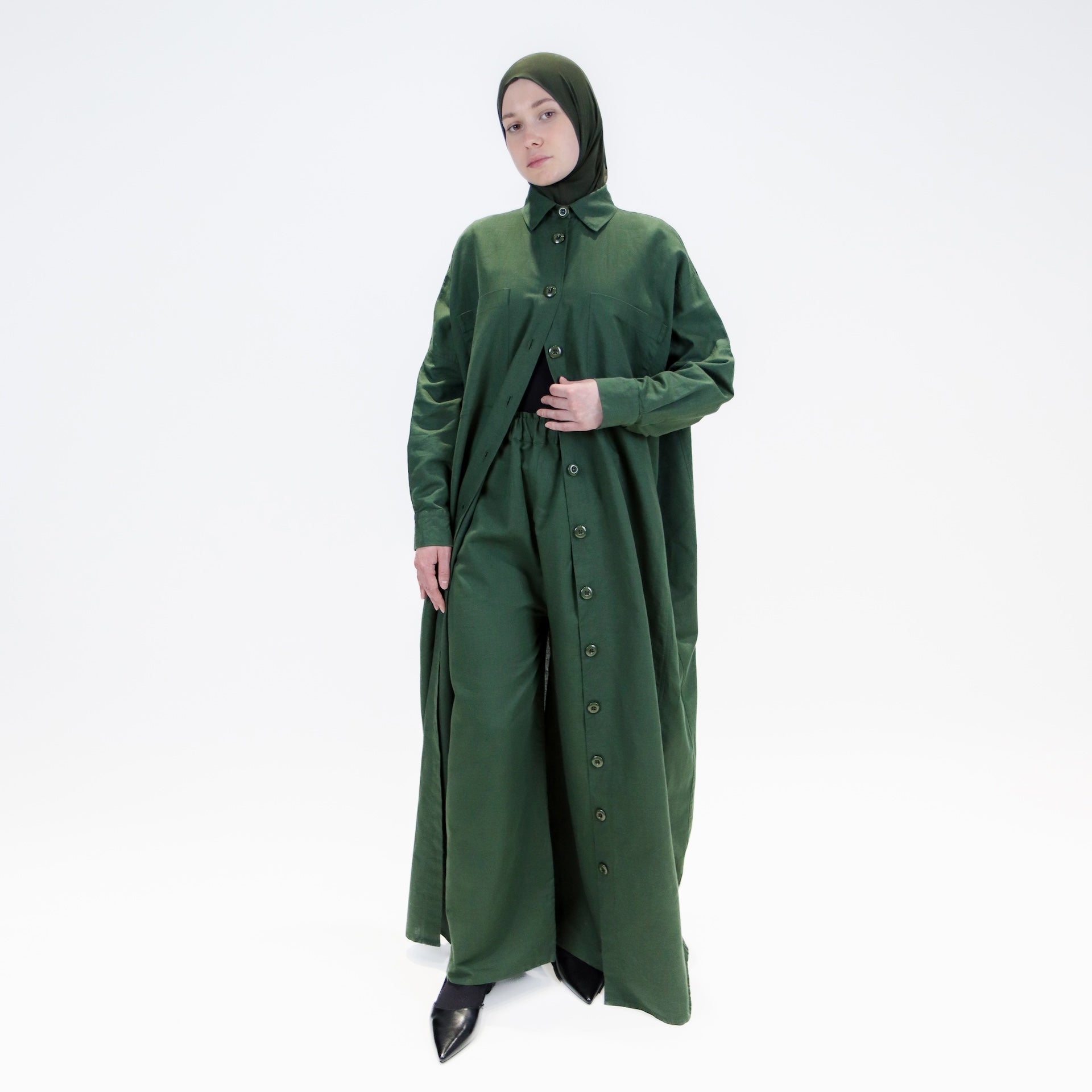 Abaya dress style maxi dress for women with wide trousers "Khaki Linen" 4