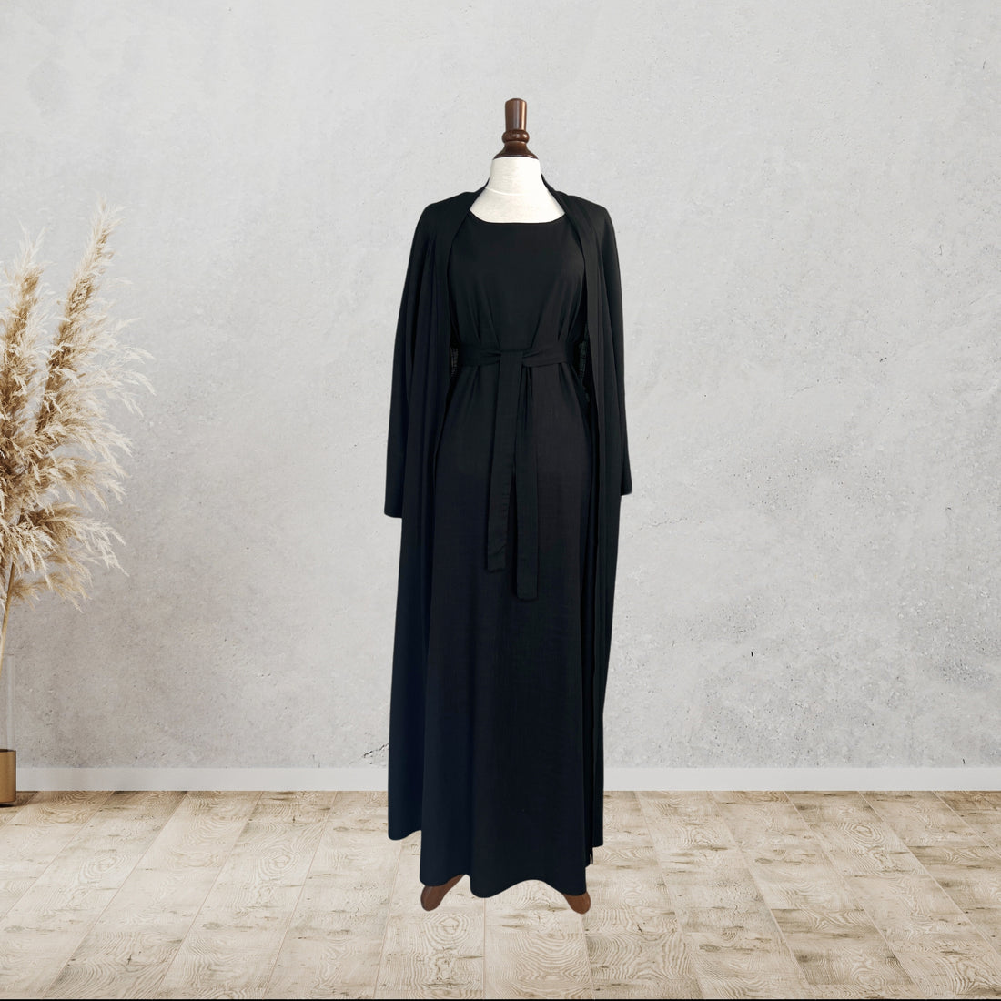 Two-Piece Set: Abaya-Kimono and Sleeveless Dress "Black Aila"